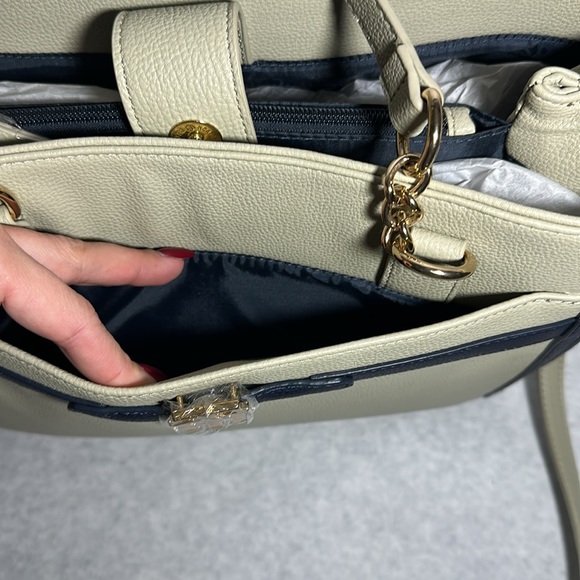 Tommy Hilfiger Taupe Navy Leather Satchel Tote Bag - Picture 8 of 11
